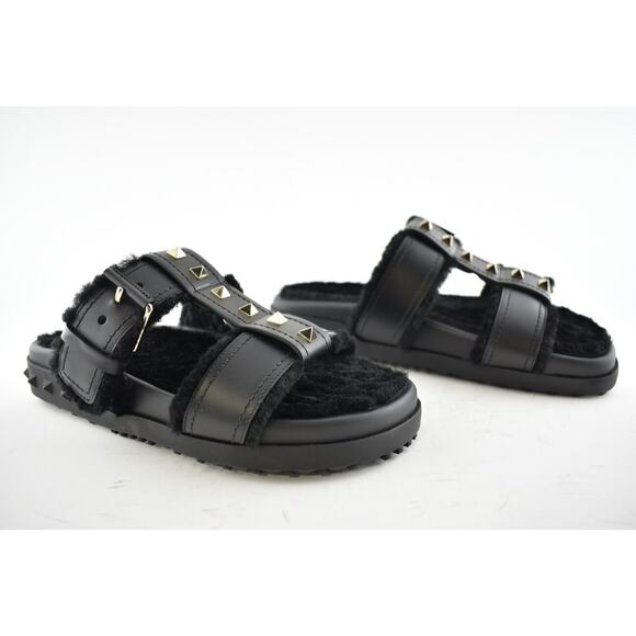 Valentino Rockstud Black Shearling Fur Caged Mule Slip On Slides Sandal Flat 36 - Picture 4 of 12